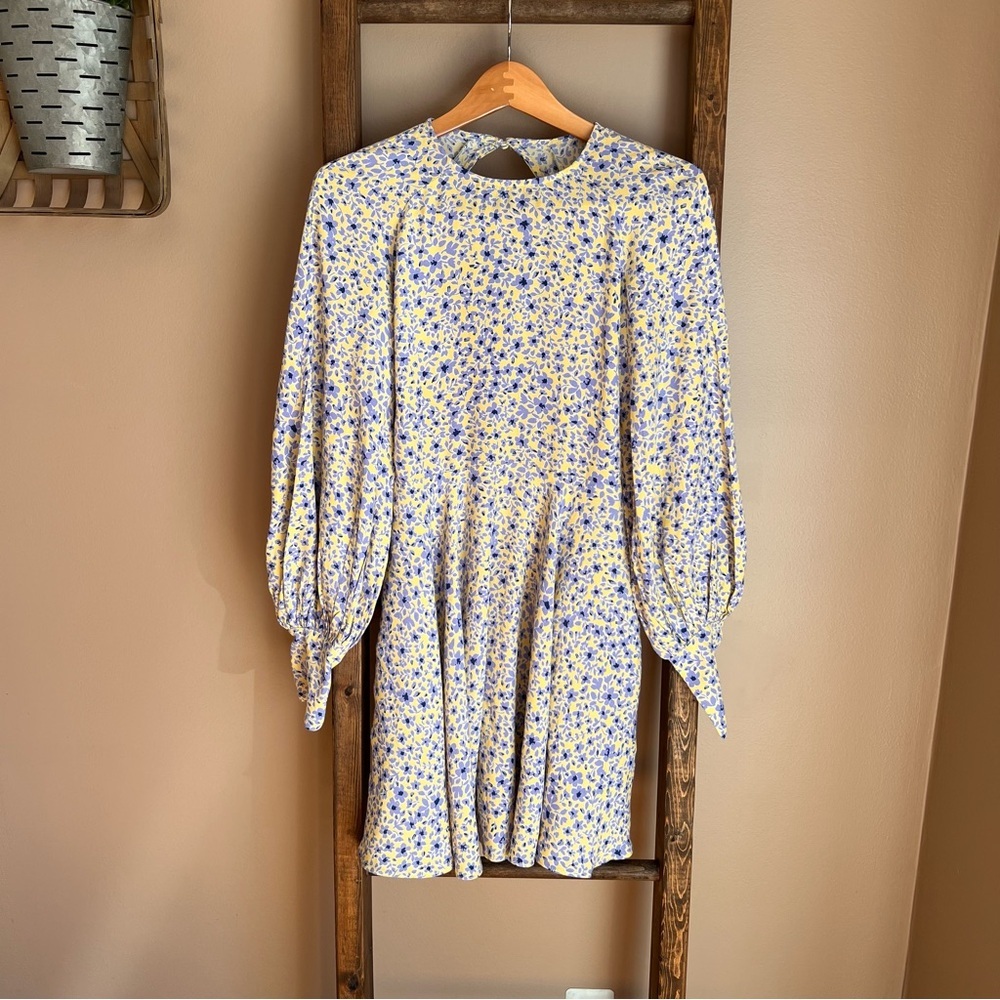 Oliviaceous Floral Puff Sleeve Mini Dress in Yellow and Blue